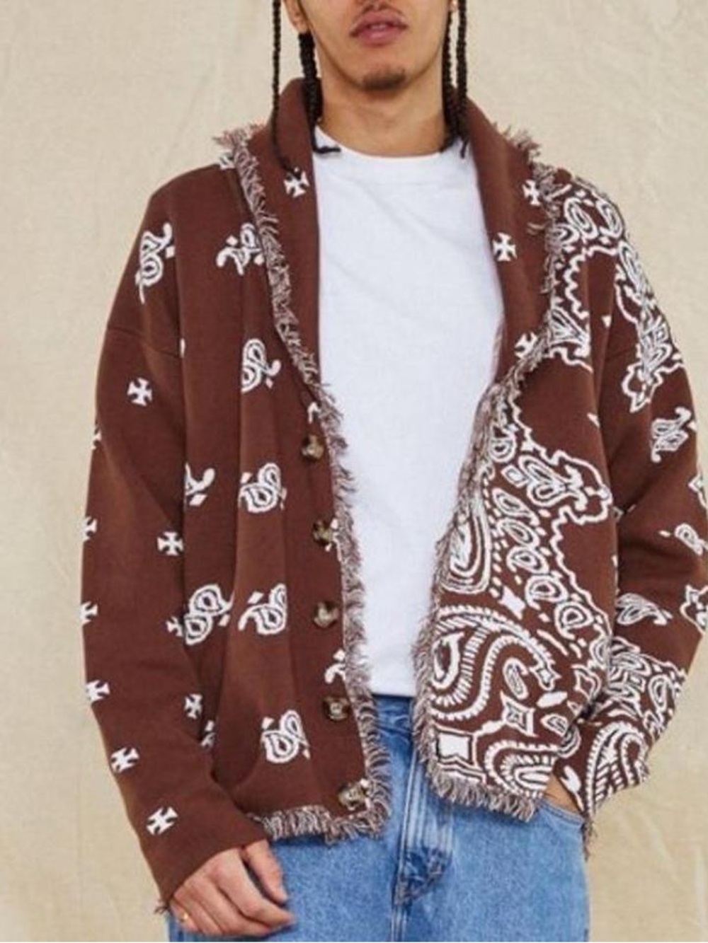 Jaded London Brown Paisley Shawl-Collar Cardigan Jacket Boho Fringe Tapestry